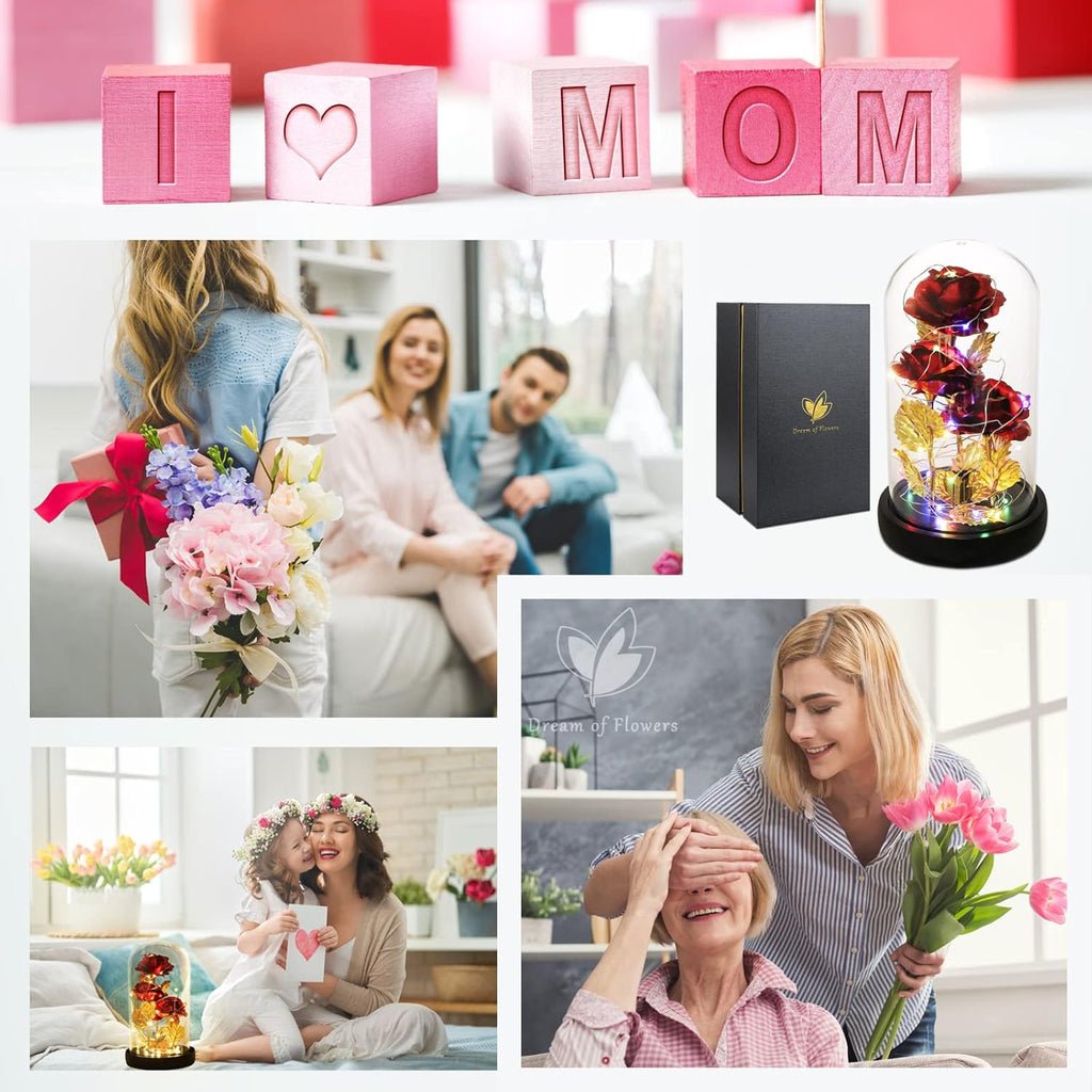 Christmas Rose Gifts for Her Beauty and the Beast Rose 24K Red Rose in Glass Dome, Light up Rose, Forever Artificial Flowers, Enchanted Red Rose Gift for Her on Valentines Day Wedding Anniversary