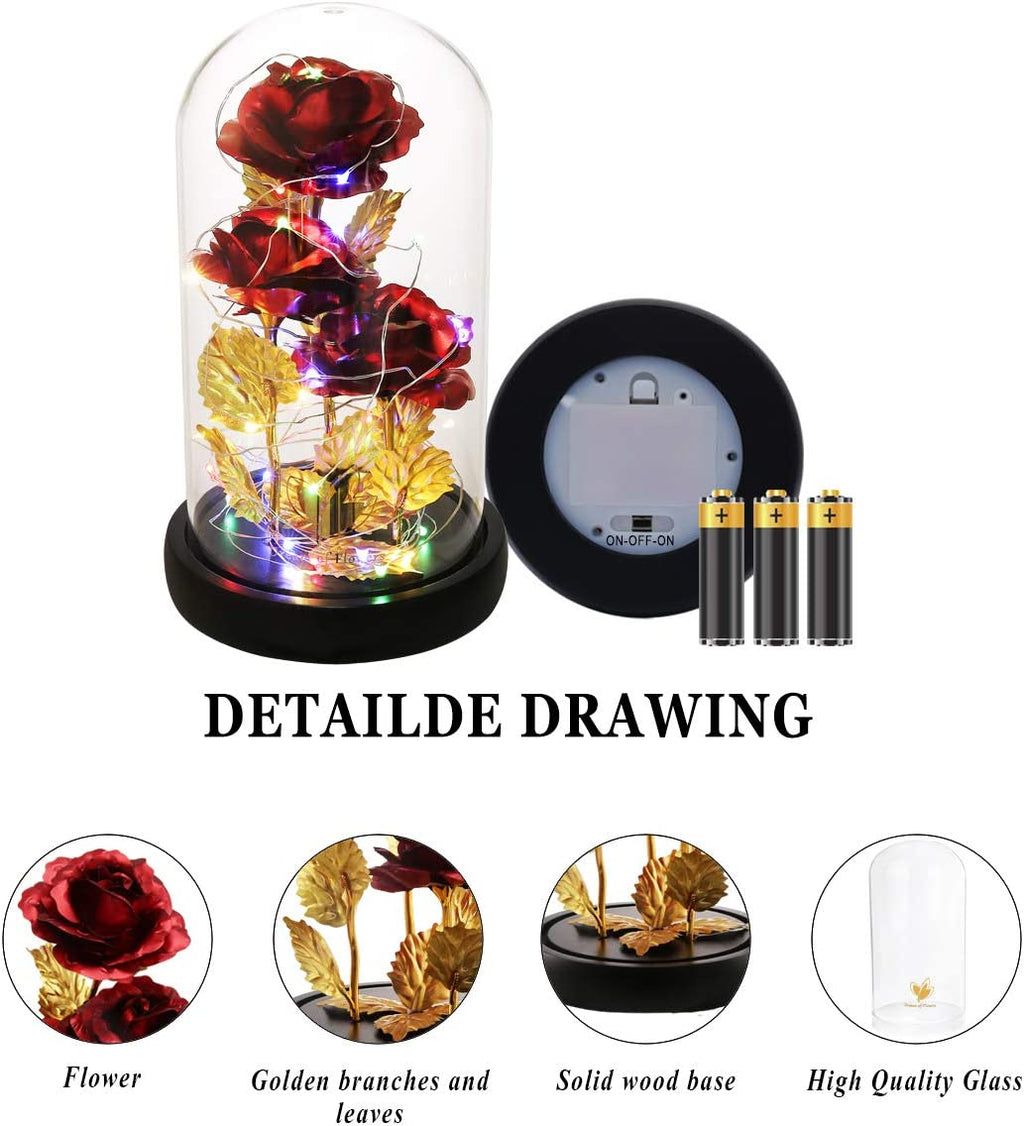 Christmas Rose Gifts for Her Beauty and the Beast Rose 24K Red Rose in Glass Dome, Light up Rose, Forever Artificial Flowers, Enchanted Red Rose Gift for Her on Valentines Day Wedding Anniversary